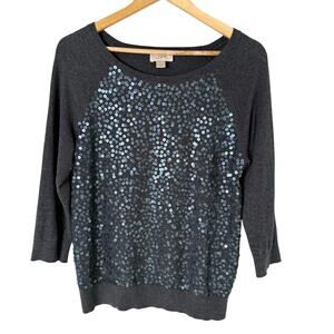 LOFT‎ Sequin Cotton Sweater in Charcoal Gray 3/4 Sleeves Boat Neck, Size Medium